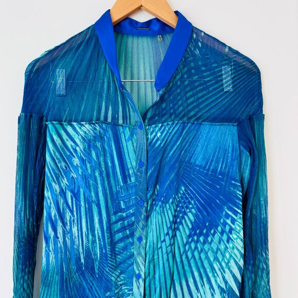 Elie Tahari Blue Green Palm Leaf Silk Sheer Button Down Blouse Womens Sz M - Picture 2 of 7